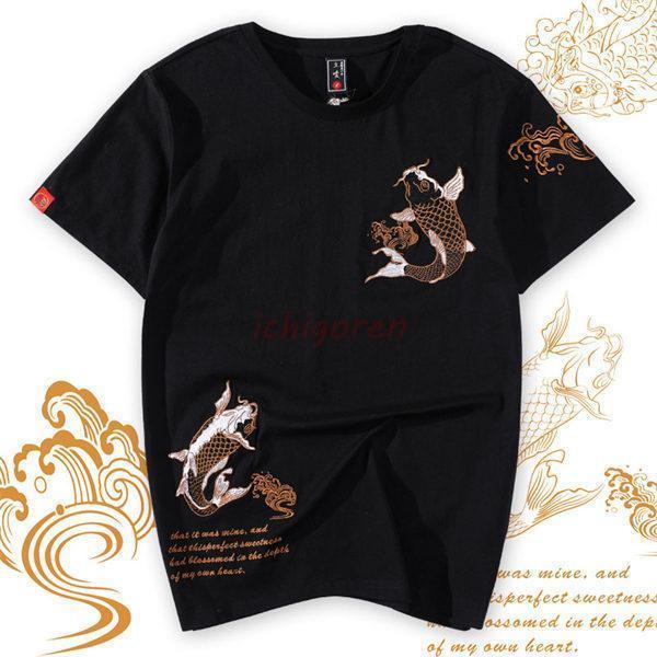 和柄刺繍 半袖Tシャツ 刺繍鯉 和柄tシャツ メンズ 和柄刺繍半袖Tシャツ Tシャツ 半袖 夏 定番色 白 黒 おしゃれ サマー 肌着 ファッション