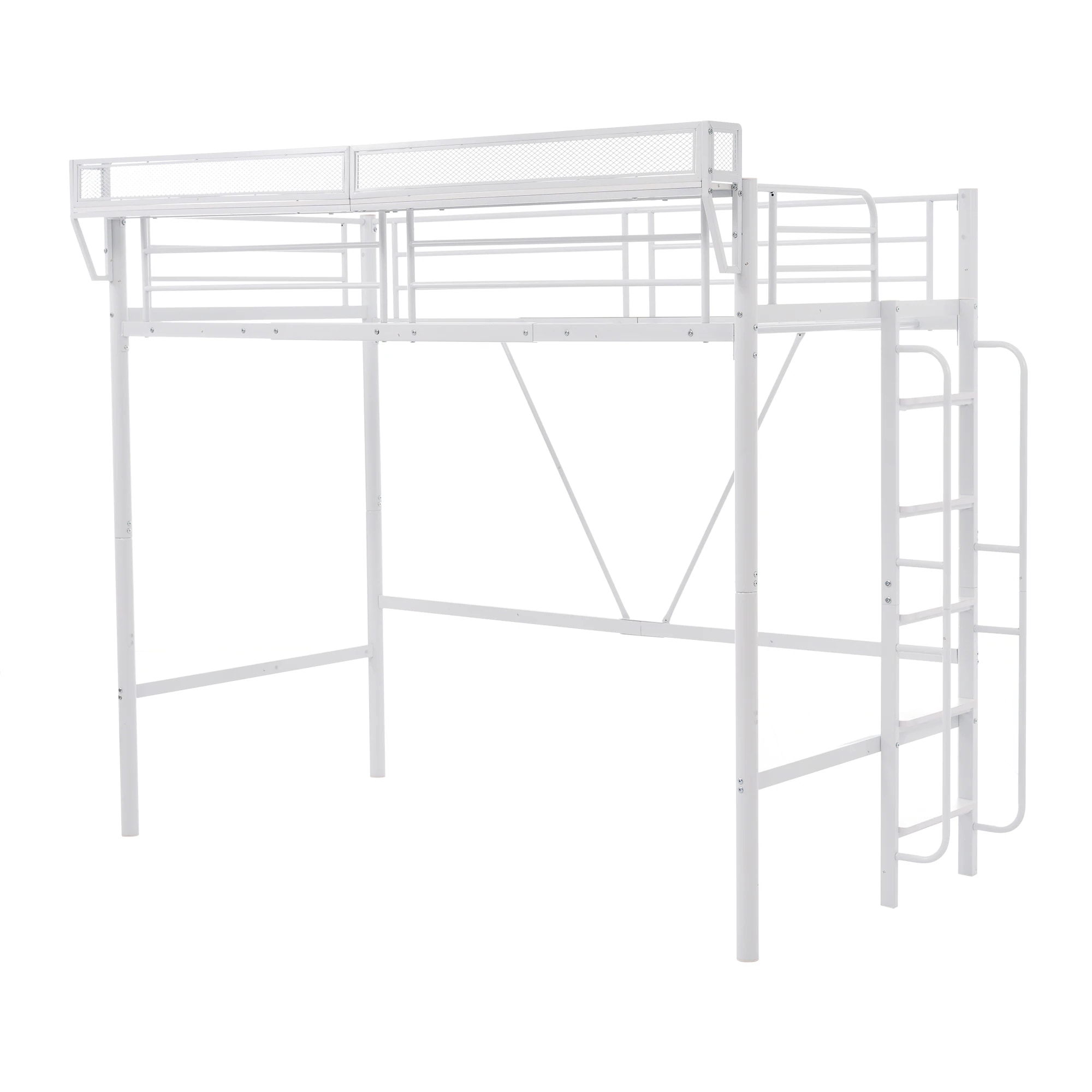 【ホワイト】システムベット 宮棚　ロフトベッド シングル 手すり付き階段 便利な側面収納 北欧風 大人用　 スチール 耐震82