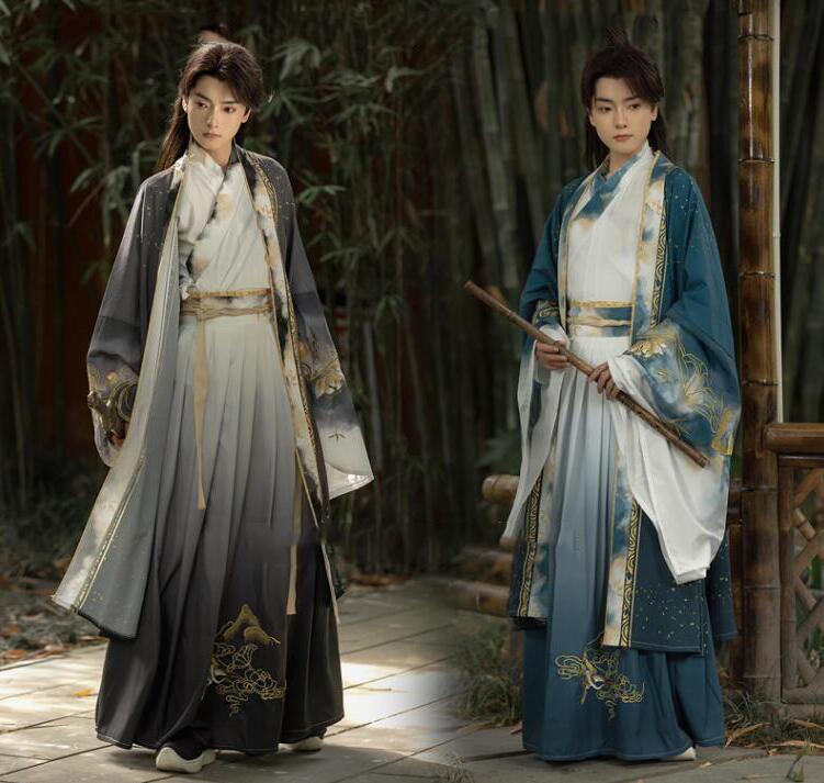 メンズ魏晉風漢服　中華風振袖男女兼用唐装漢服　ハロウィン中華侠客古風コスプレ衣装　3点セットアップ　ロング丈羽織　メンズレディースチャイナ舞台ステージ服　コスプレ衣装　クリスマス仮装変装イベント学園祭