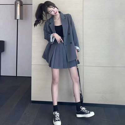 スカート アウター デート ジャケット 上着 ミニスカート ショート 袖あり 長袖 スリム タイト 細身 プリーツ ハイウエスト 個性的 グレー ブラック S M L XL 2XL 3XL 4XL