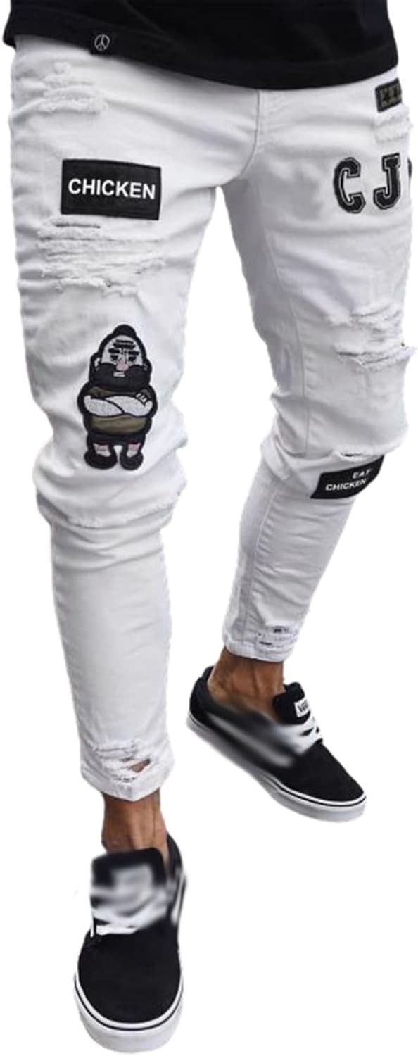 デニムパンツ ジーンズパンツ メンズ 細見 スキニーパンツ 刺繍 ダメージ加工 男性 ズボン ロングパンツ 大人 ストリート系 カッコイイ スポーツ ファッション 定番 リラックス 春夏秋 復刻 アメ