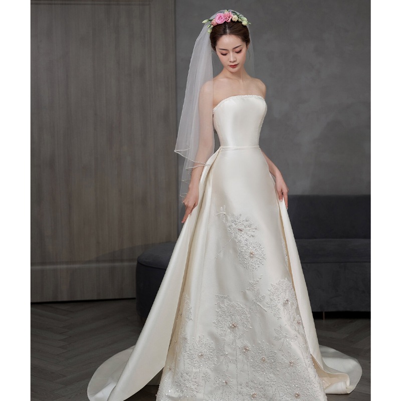 サテン ウェディングドレス 2025 新作 花嫁 ガール スモール ブ メインヤーン レトロ 上質な質感 重工業