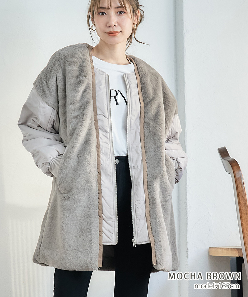 異素材MIXフェイクファーブルゾン 冬 アウター レディース 暖かい コート ブルゾン フェイクファー ファーブルゾン ドッキング 異素材 ミックス 中綿 防寒 ゆったり 大きいサイズ あったか 暖か