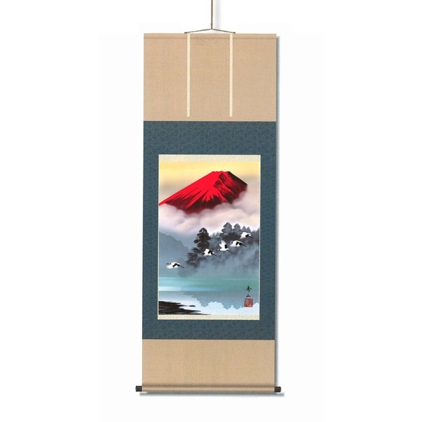 掛け軸 鈴村秀山 赤富士飛翔 B 長さ約895ｍｍ 画寸 360×245mm 化粧箱入り 日本製 掛軸