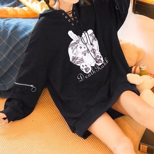 Qoo10 眼帯ウサギパーカー ワンピース ブラック レディース服