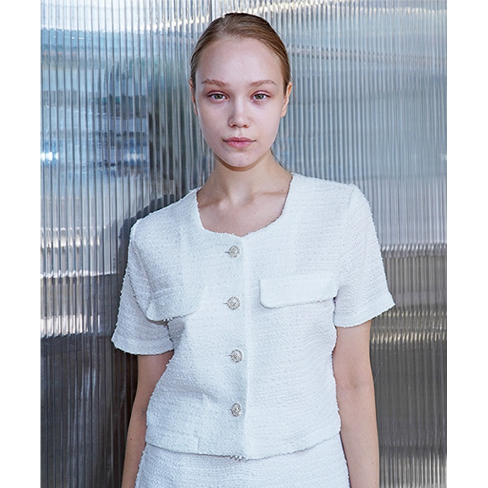 DAMAGE MNEMONIC Uネッククロップホワイトジャケット_UネッククロップWH JK