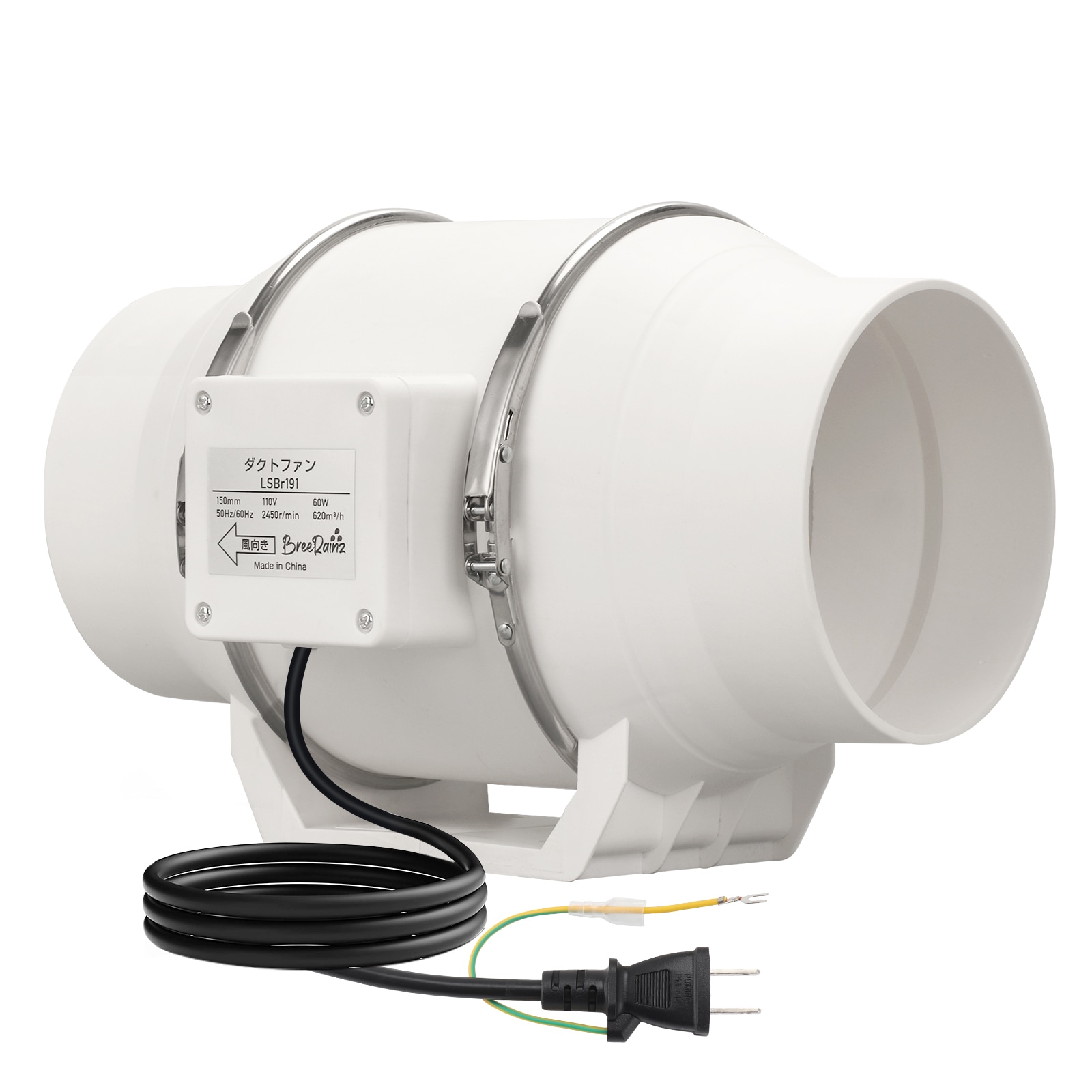 ダクトファン Φ150mm 強力 ダクト用換気扇 風量620m3/h 大風量 省エネ 低騒音 排気ファン 中間取付 塗装ブース用 家焼肉 家庭用 業務用 排風機 110V 日本仕様電源プラグ