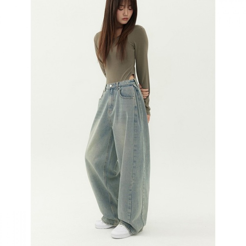 [ジンマニア] ライトブルーティーンユニセックスサイドピンタックバルーンフィットワイドデニムパンツ 5,559円