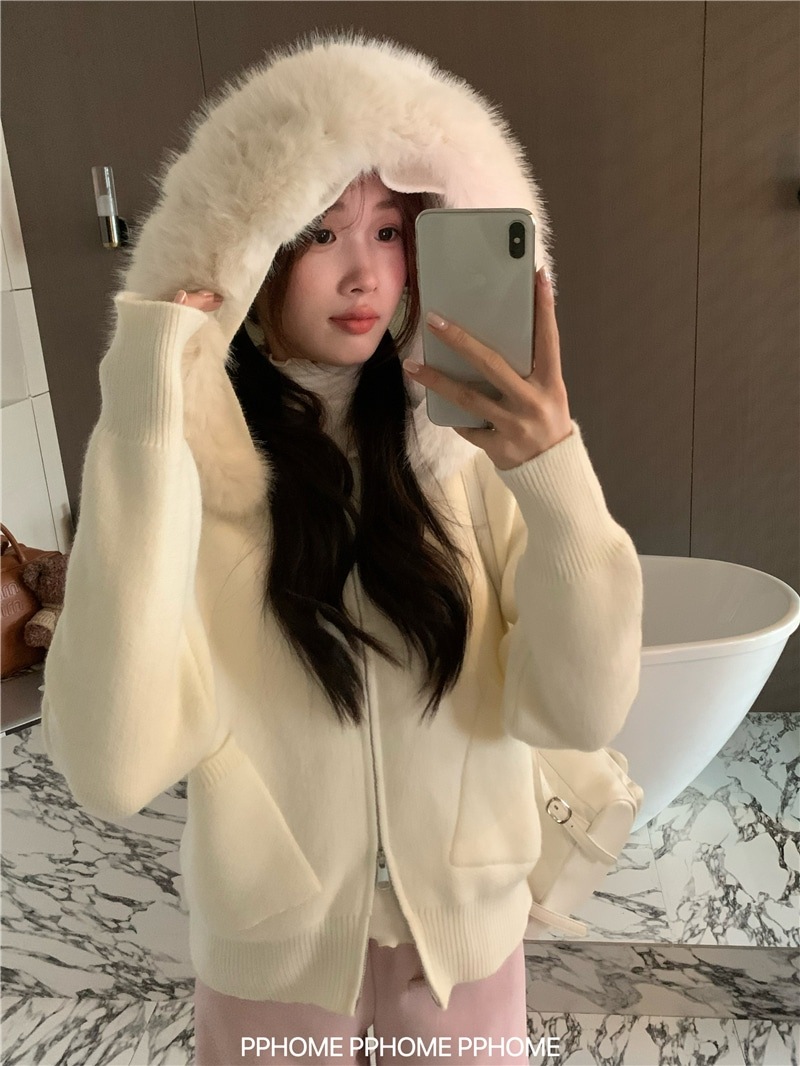 短納期2025 秋冬 韓国っぽ 防寒 暖かい ニット アウタートレンド かわいい レディース ブルゾンフード付きショート長袖トップスカジュアルファッション系フル丈カラーダコーデトラックフェイク