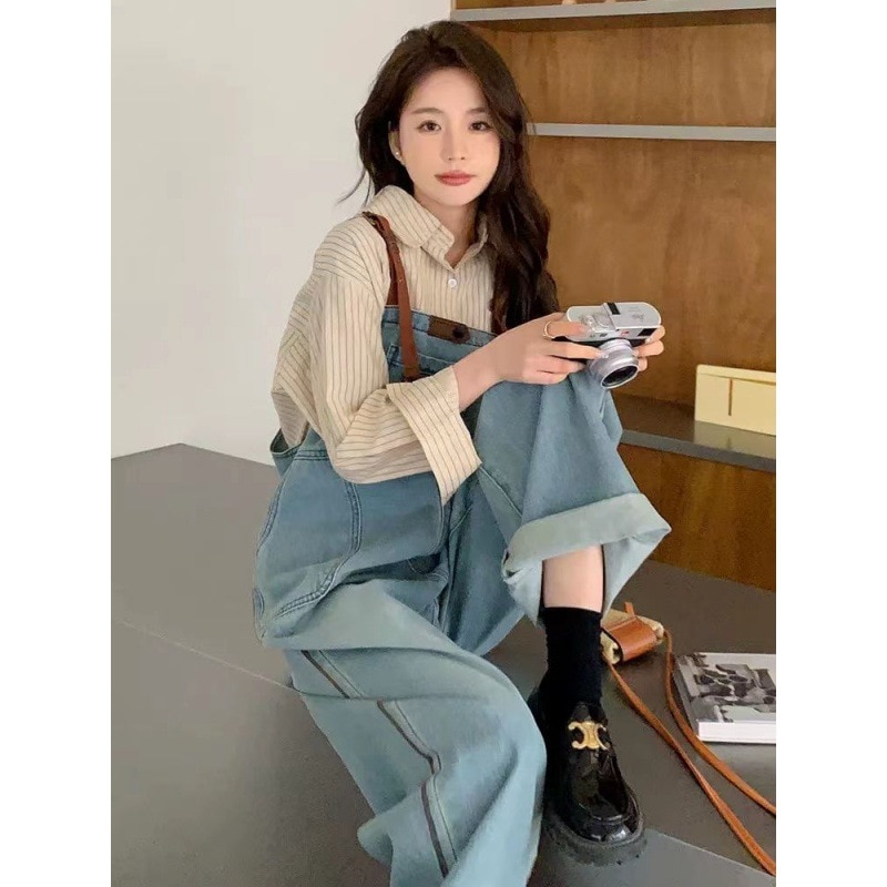 女性用デザインデニムオーバーオール2024春秋2024スモールルーズスリムカジュアルワイドレッグパンツ夏