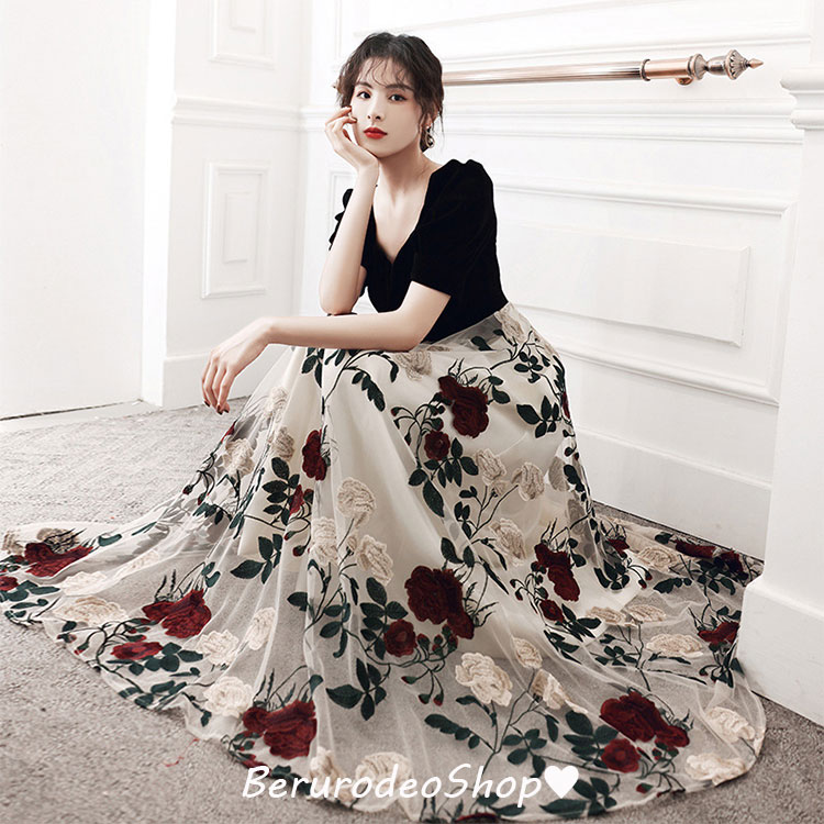 イブニングドレス 黒 ベロア ベルベット 刺繍 花柄 オシャレ キレイめ ドッキング チュール ロングドレス ワイン赤 パフスリーブ 発表会ドレス パーティードレス Aライン ショート丈 ミモレ丈 ロ