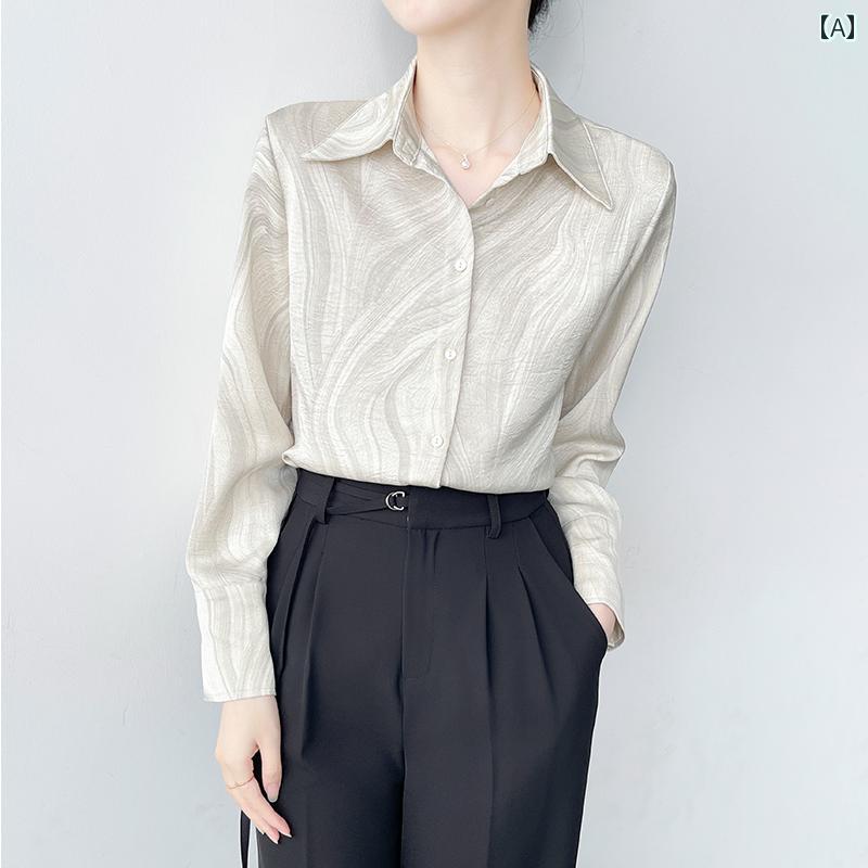 レディース シャツ ブラウス 長袖 春秋 銀河系模様のプリント アイボリー サテン風 シルキー シャツ襟 前開き ロマンティック エレガント 光沢 スタイリシュ 高級感 トレンディ おしゃれ オフィス