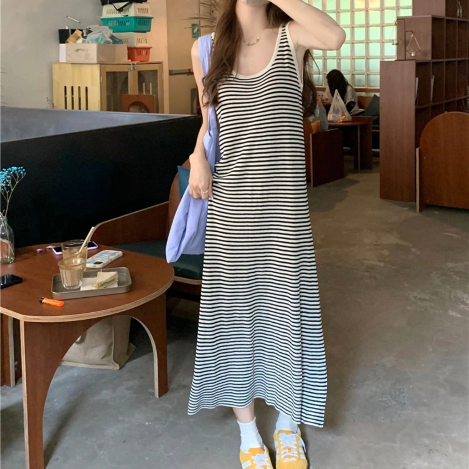 ワンピース ミモレ丈 袖なし ノースリーブ Uネック 襟なし ルーズ Aライン プルオーバー 薄手 大人可愛い きれいめ シンプル カジュアル 大人 上品 お洒落 かっこいい レトロ 大人女子