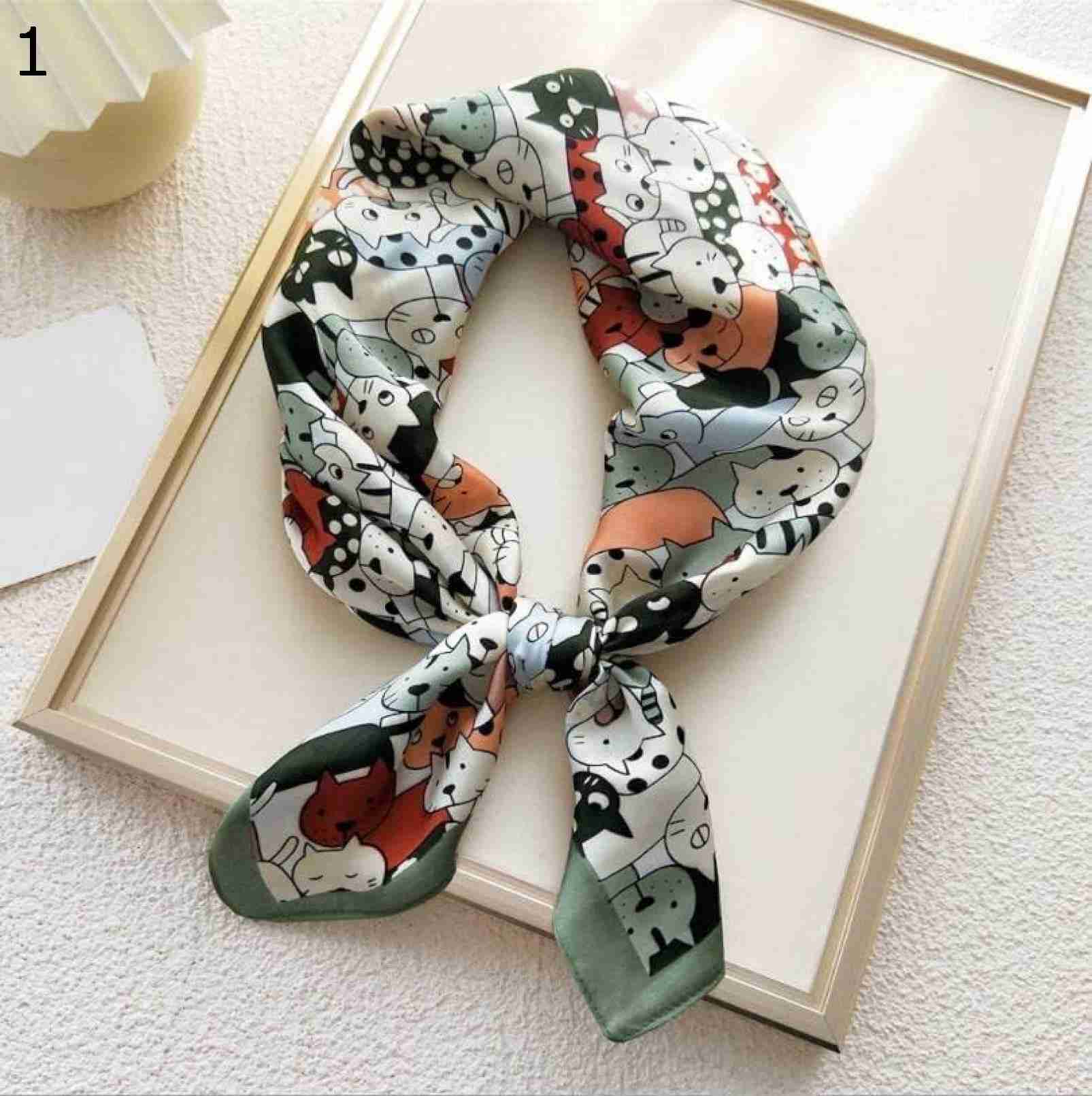 【20%OFFクーポン～】70x70cm レディース ポリエステル スカーフ かわいい猫 プリント カジュアル サテン 動物 スモール スクエア ラップ スカーフ : : Size (Color 7 5,259円