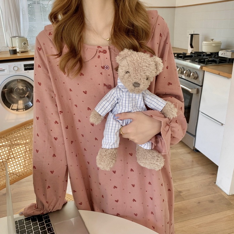 ルームウエア ハート柄 ホワイト ピンク ワンピース パジャマ ミモレ ミモレ丈 ロング ロング丈 6,054円