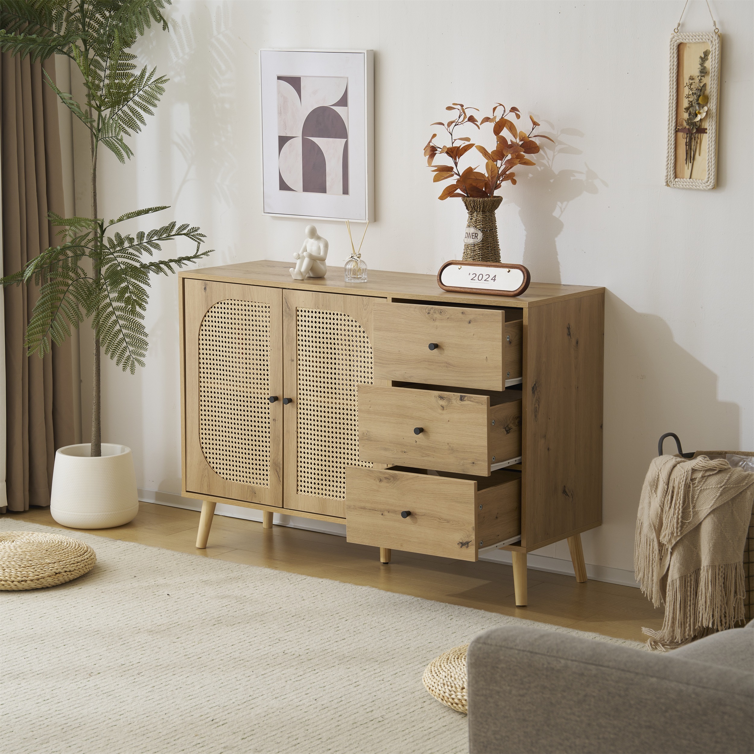 収納棚 リビング キャビネット サイドボード チェストラタン調 ラタン風 大容量 収納棚 リビング