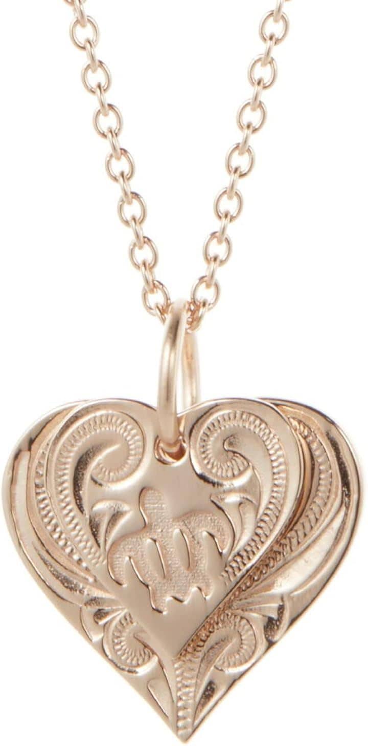 Piena ピエナサージカルステンレス316L ハワイアンジュエリー ハート 2枚 ホヌ 亀 ダブルプレート プルメリア スクロール ネックレス(ピンクゴールド(チェーン50cm))