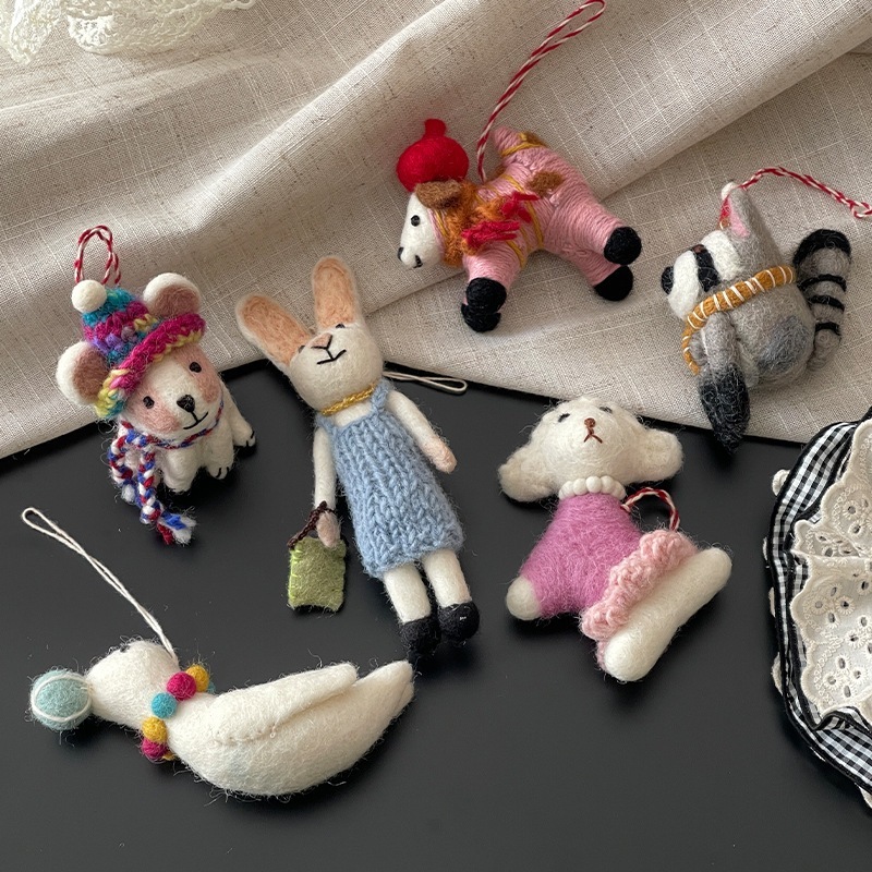 羊毛フェルトストラップかわいいウサギと子犬のアライグマキーホルダー立体動物のぬいぐるみアクセサリー