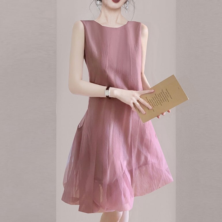 レディース ワンピース ドレス ワンピースドレス ワンピドレス プルオーバー ノースリーブ ラウンドネック バルーン ふんわり 透け感 シースルー ポリエステル かわいい 大人可愛い シンプル