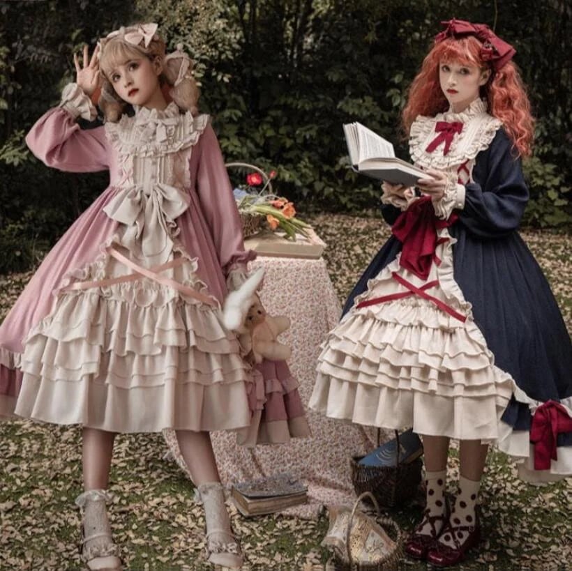 ロリータドレス ワンピース お姫様 ドレス ゴスロリ＆ロリータ ワンピース 長袖 ミモレ丈 レディース 大人 女子 可愛い LOLITA フリルいっぱい リボン 萌え萌え ロリィタ服 ロング丈 ハロ