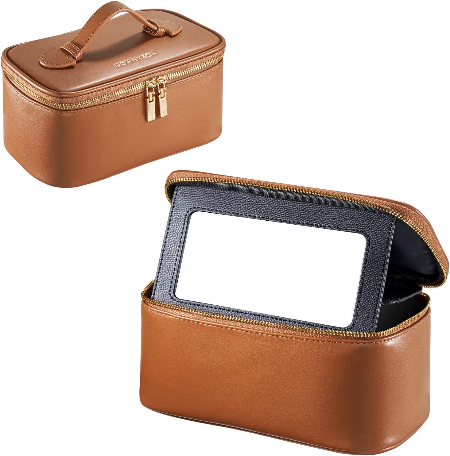 化粧ポーチ 大容量 仕切り 鏡付き ブラシポケット付き トラベル 防水 軽量 (ブラウン)