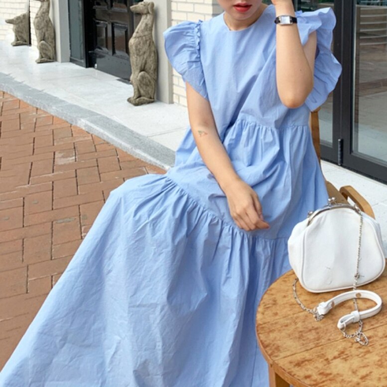 レディース フリルノースリーブマキシワンピース フリルスリーブロングワンピース ドレス ワンピース