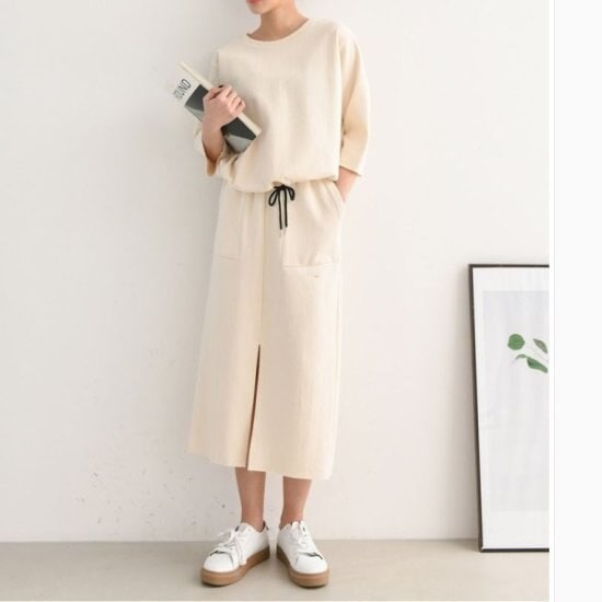 【取寄：納期2週間】セットアップ シンプル レディース 韓国 ファッション スカート Tシャツ ポケット タイトスカート ひざ下 無地 ラウンジ おしゃれ リラックス 上下2点セット 七分袖 コットン
