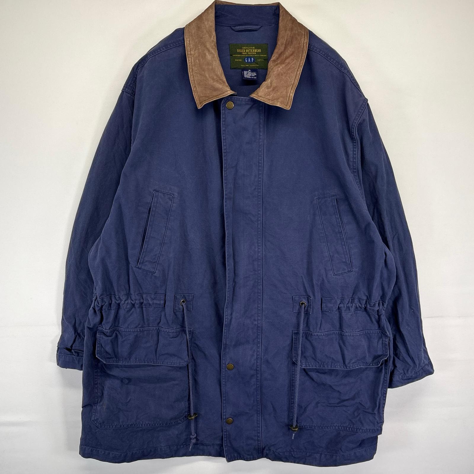 古着 ハンティングジャケット ダック カバーオール 大きいサイズ 襟レザー XL ネイビー メンズ
