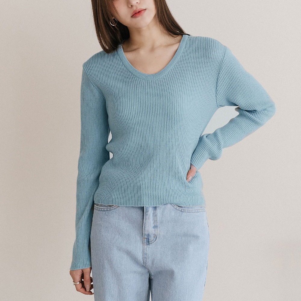 Uネックプレーンリブニットトップス