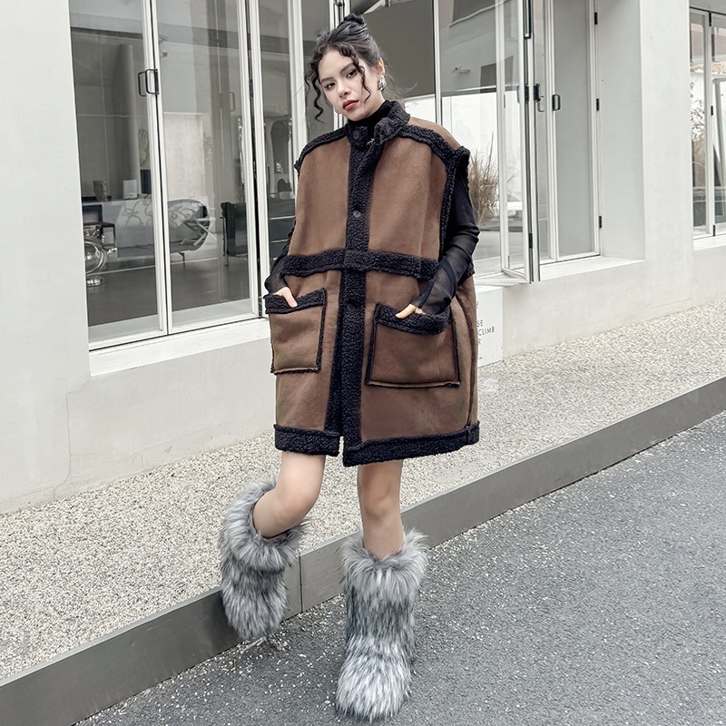 【J.Fashion】 ファー革ドッキング ベスト おしゃれ 保温 ポケット付き 個性的なデザイン レディース アウター メガ割