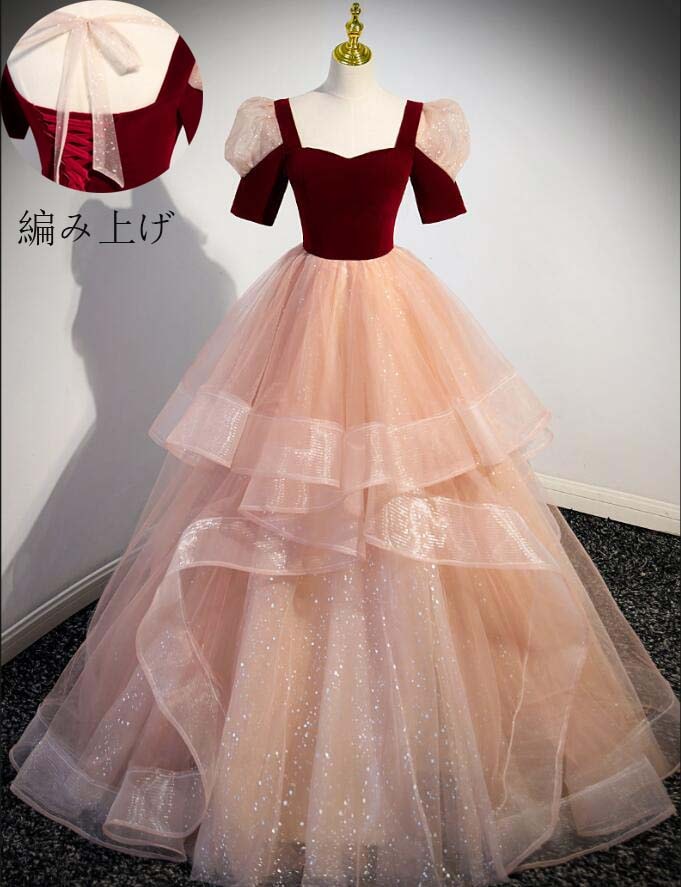高品質 高級感 パーティードレス 半袖 スレンダー 洋服 Aラインドレス 韓国風 プリンセスライン 結婚式ドレス ロング丈ワンピース 宴会ドレス ロングドレス 花嫁の介添え人 忘年会 ステージ 衣装