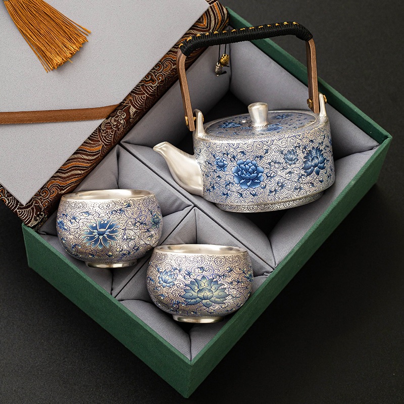 青と白の蓮のチャーム金メッキシルバーカンフーティーセットライトラグジュアリー2025ポット1つとカップ2つギフトボックスギフト
