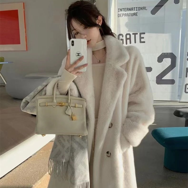 人気アウター 厚手 韓国ファッション 24厚手ロングスーツ襟フェレット毛皮一体毛皮エコ毛皮コートコート