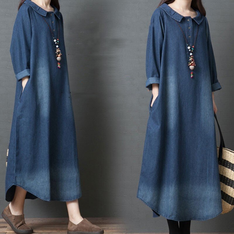 ワンピース デニム レディース 40代 ロング デニムワンピース チュニック 長袖 ゆったり 大きい