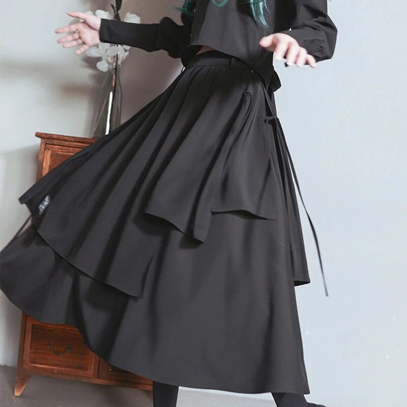 ロングスカート 黒 チャイナ風スカート ボトムス レイヤードスカート 秋冬 合わせやすい ブラック 不規則