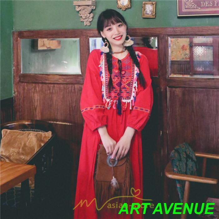 ワンピース レディース ロング丈 マキシ丈 長袖 パーティー 白 赤 黄色 青 綿麻 二次会 謝恩会 同窓会 服装 カジュアル 20代 30代 40代 50代 夏 秋 刺繍