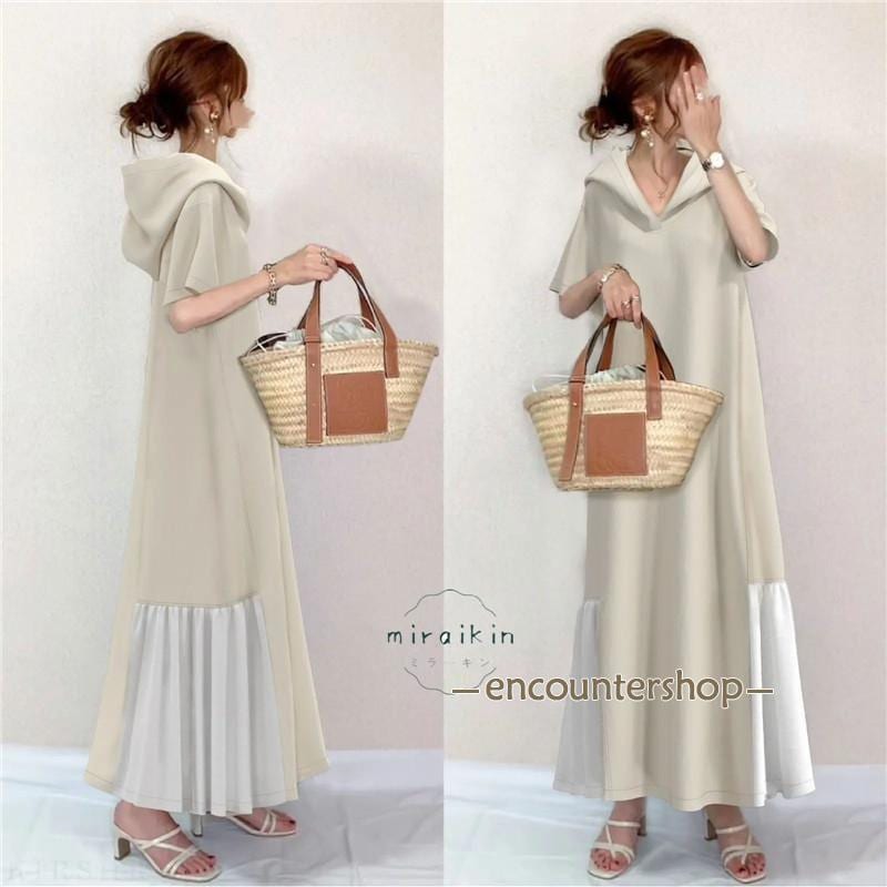 [最安値挑戦]!!ワンピース ロング 夏 切替 裾サイドプリーツ フード付き 半袖 着痩せ レディース 夏服 vネック aライン 夏ワンピース 40代 50代 30代 ol アジアン