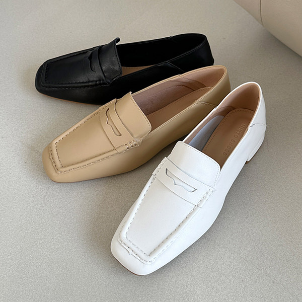 ローファー コインローファー 天然牛革 スクエアトゥ レディース 黒 ベージュ 白