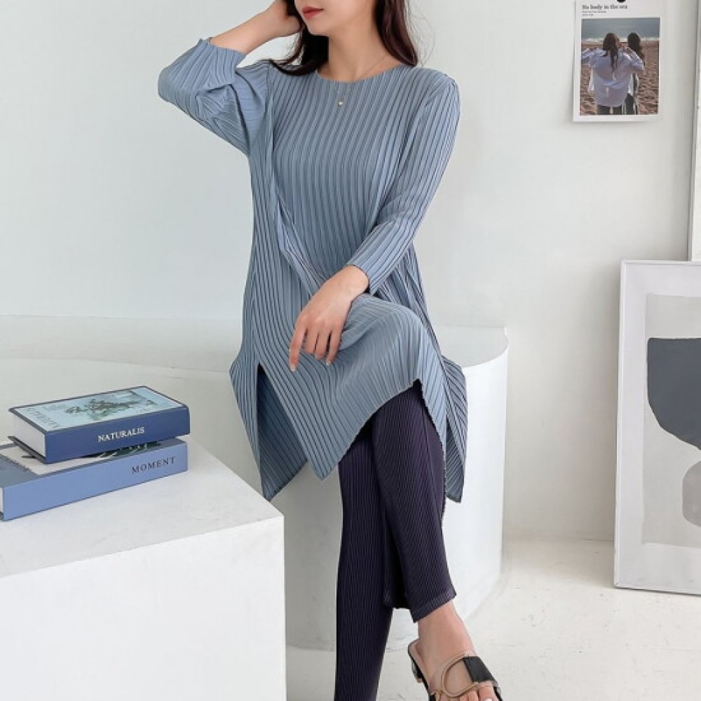 ショップアン 国産 レディース ラウンド 春 薄手 ルーズフィット サイドスリット 8部袖 プリーツ ロングTシャツ BLE-WSH-294