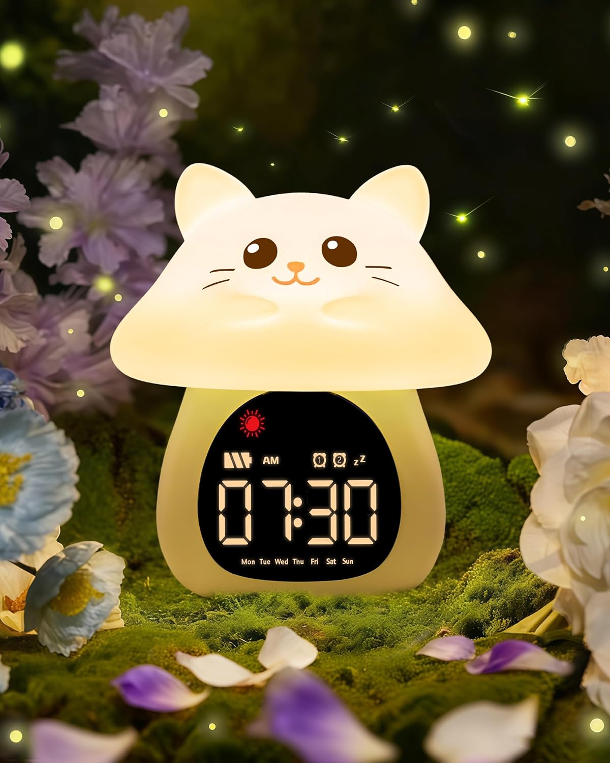 子ども用スリープトレーニング目覚まし時計ナイトライト付きOk to WakeダブルアラームRGBライト6種類のアラーム音＆ホワイトノイズ充電式男女兼用ねこ