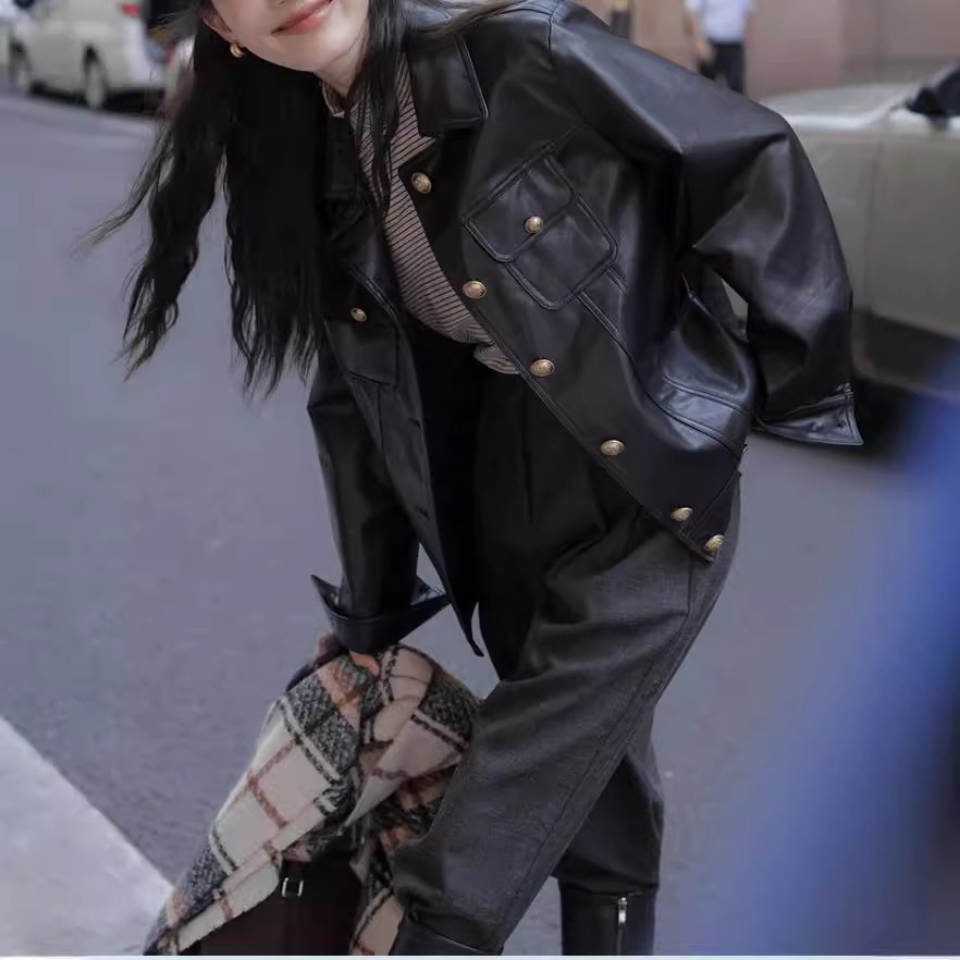 レトロブラックレザージャケットレディースデザインショートジャケットトップスレディース
