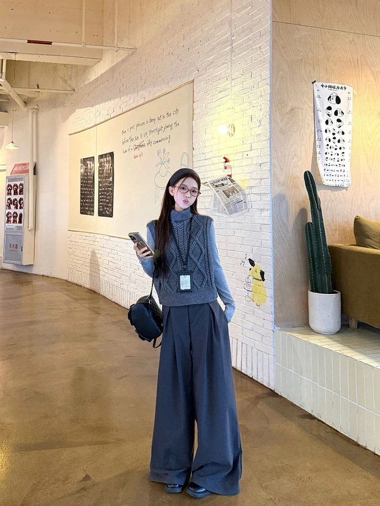 ニットベスト レディース 前後2WAY インナー 長袖 裏起毛 カットソー ワイドパンツ 3点セット可 ケーブル編み ック 重ね着 セットアップ 韓国 ファッション 暖かい 防寒