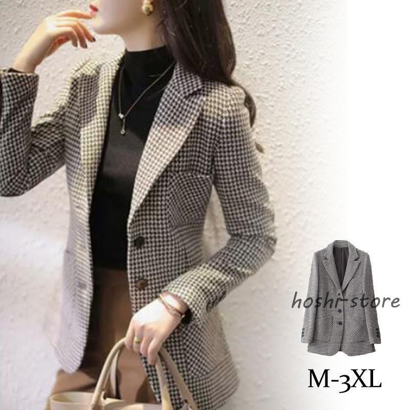 レディース おしゃれ アウター ロング丈 春秋 千鳥柄 コート 着痩せ ブレザー ビジネス テーラードジャケット スーツジャケット 上品 長袖 通勤