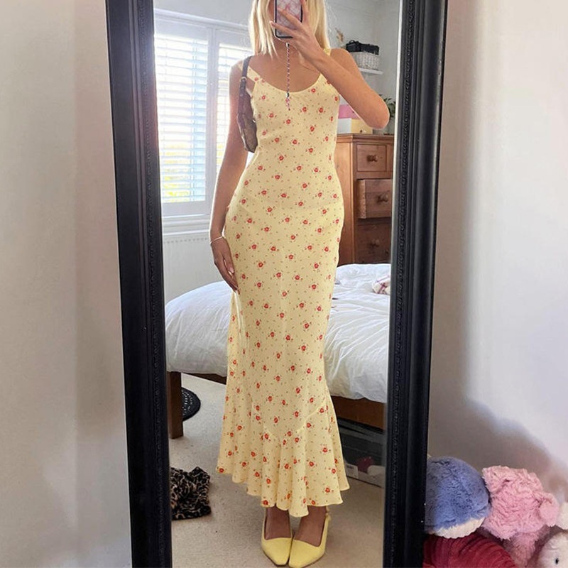 花柄ロングフィッシュテールスカート2024夏プリントおしゃれサスペンダードレス