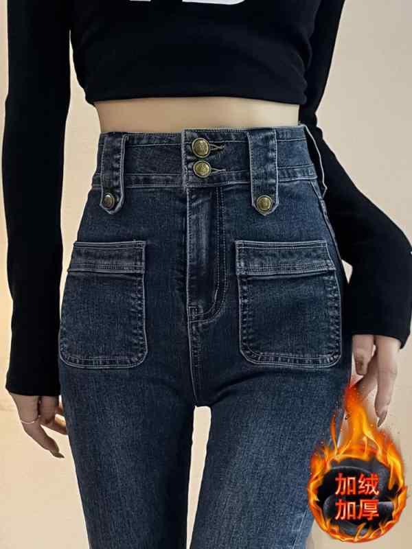 パンツ レディース 秋 冬 ベルベット 厚手 ジーンズ レトロ ハイウエスト スリム ストレッチ スリムフィット ホース シュー マイクロフレア