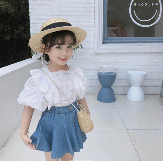 韓国子供服韓国キッズ服キッズ子供服トップス女の子レースブラウスデニムスカートフレアスカート2点セットセットフリルブラウス白ブラウスかわいいおしゃれ90100110120130