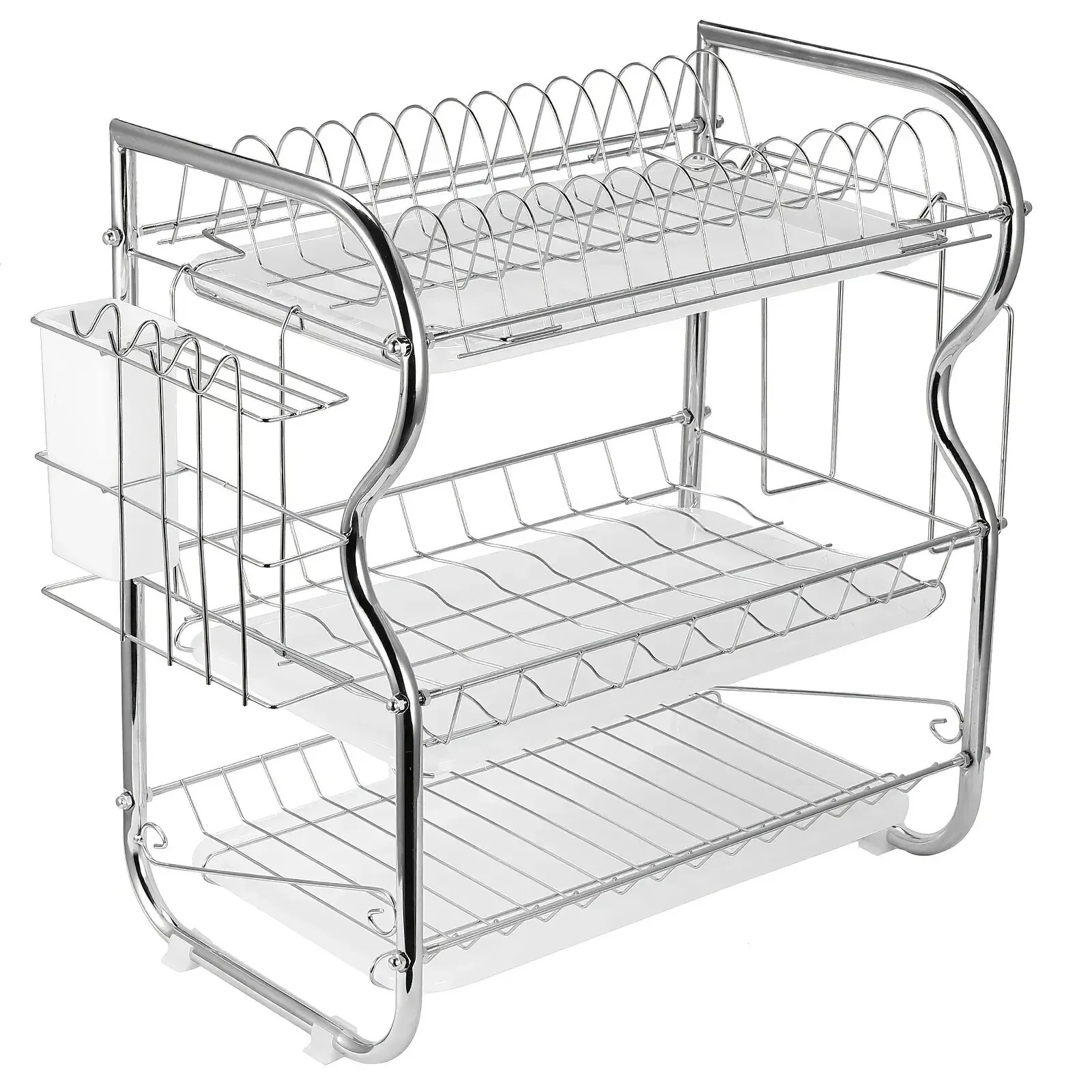 】3段水切りラック シンクプレートボウル キッチンアクセサリ ステンレス鋼 ドリップトレイ付き まな板ホルダーとカップハンガー付き食器乾燥ラック カトラリー乾燥ホルダー 【メガ割