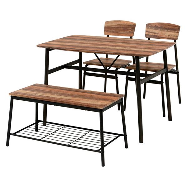 ダイニング 4点セット 約幅105cm ブラウン ダイニングテーブル×1 チェア×2脚 ベンチ×1 スチール コンパクト 組立式 リビング