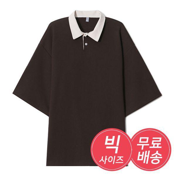 メンズオーバーフィットソリッドPKカラーネック半袖Tシャツ AC KAH Q006 ブラウン_P417756832