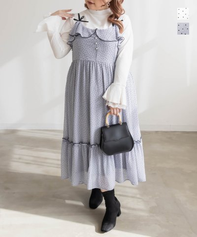 大きいサイズ レディース LL 3L 4L XL XXL XXXL CLETTEオリジナルドット柄ラッフルキャミワンピース